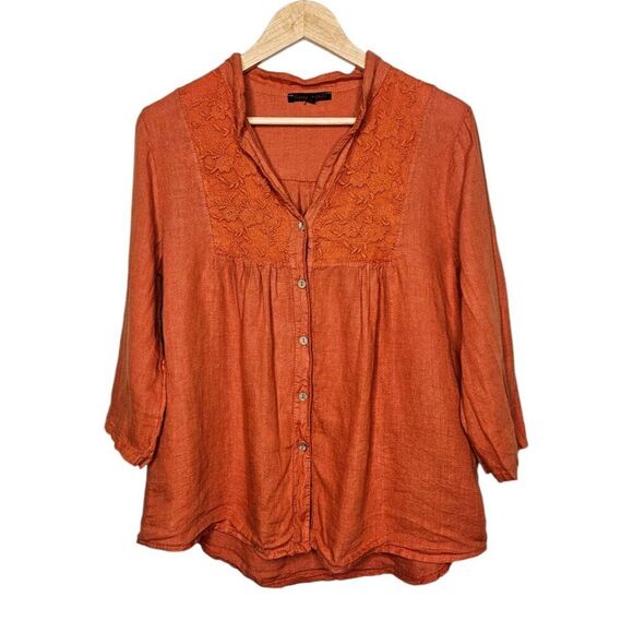 ROMEO GIULIA 100% Linen Top Lagenlook Button Down VNeck 3/4 Sleeve Orange Medium - Picture 1 of 7